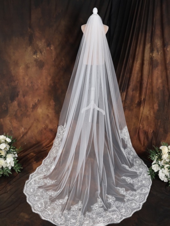 Romantic Bridal Veil with Comb Lace Sequins Long Wedding Veil